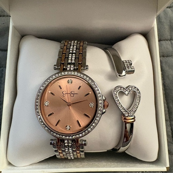 Jessica Simpson Watch Silver & Rose Gold Tone Key Heart Bangle Bracelet Set NEW main image 6